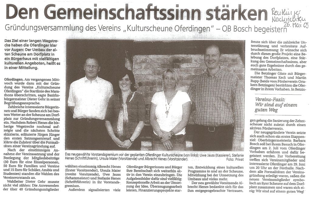 Artikel in den Reutlinger Nachrichten 20.03.2009 über den Verein Kulturscheune Oferdingen e.V.