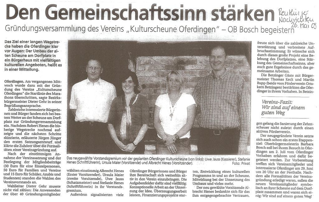 Artikel in den Reutlinger Nachrichten 20.03.2009 über den Verein Kulturscheune Oferdingen e.V.