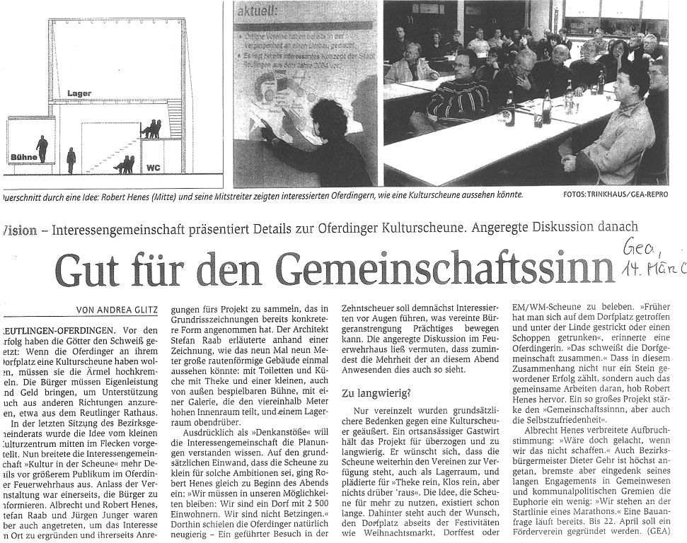 Artikel im GEA 14.03.2009 über die Kulturscheune Oferdingen